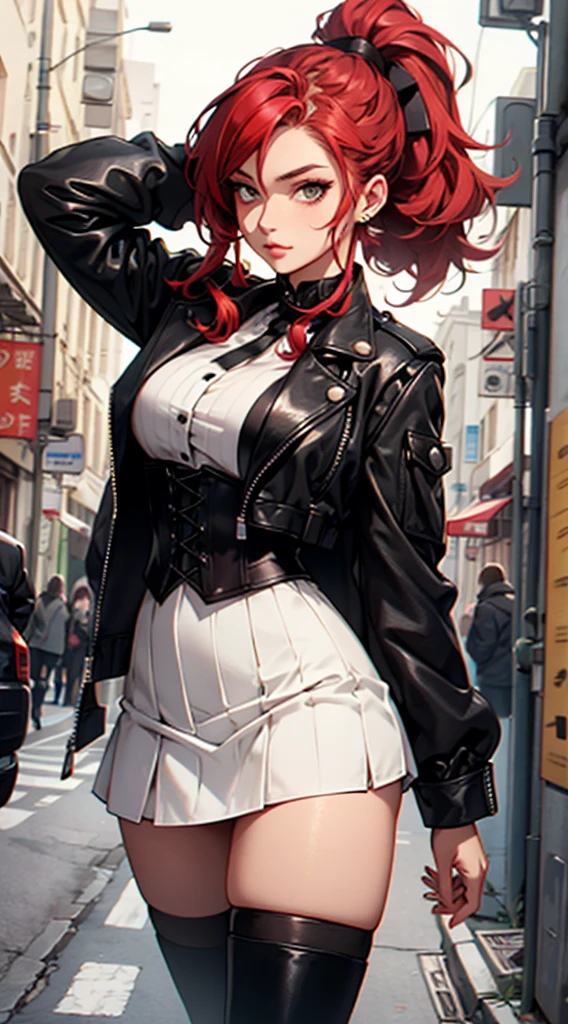 Rogue human woman, with red hair and black highlights, high ponytail, white corset, black mini skirt, black thigh high boots, black jacket.