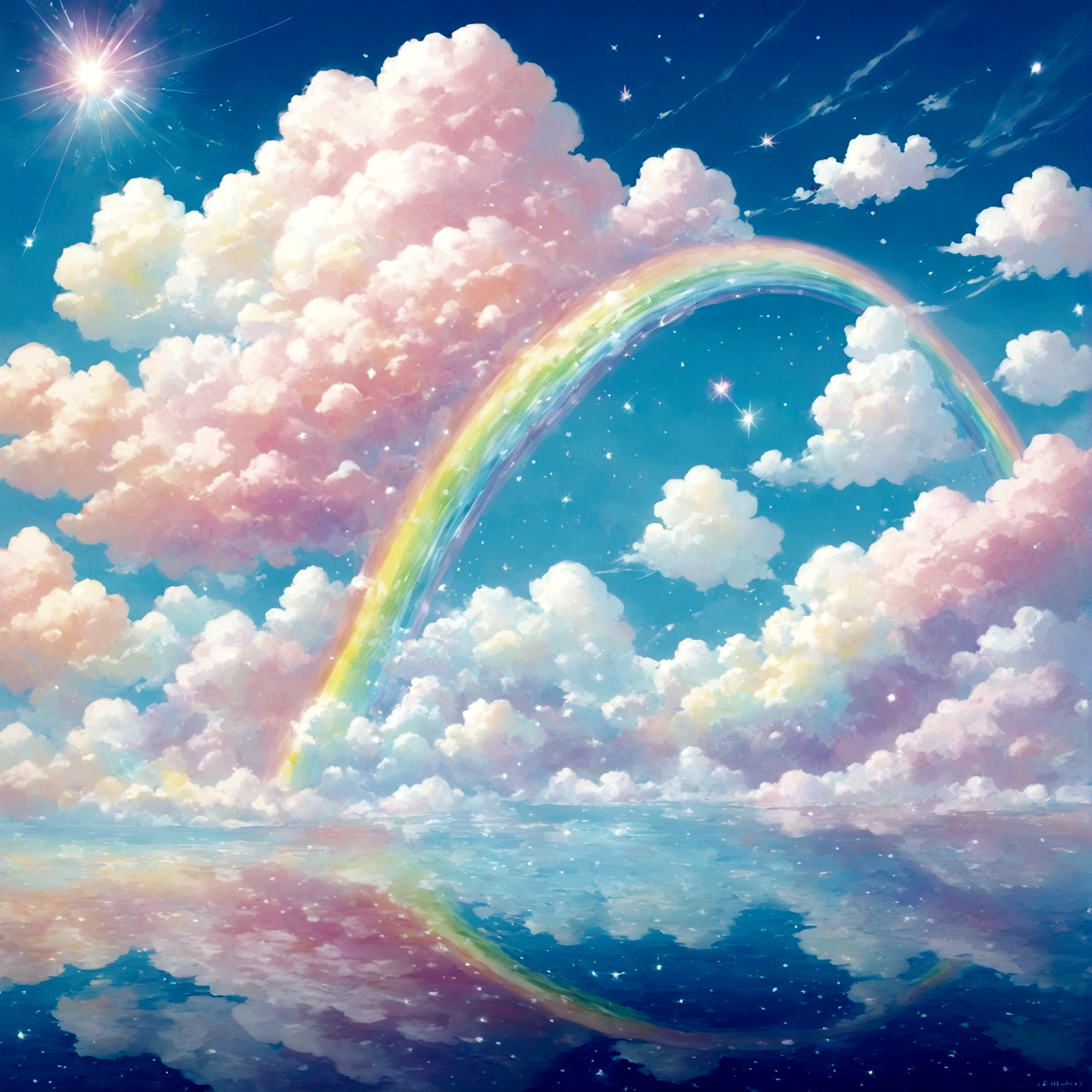 Colored in a pale pastel pink and light blue gradation、どこまでも続くcloudの世界。綿菓子のようにふわふわとしたcloudの上には、marshmallowでできたHomeやwood々、animalたちが点在し、まるでdreamのような風景が広がっている。cloudの隙間からは、kindLightが差し込み、キラキラと輝くWater Dropが、It sparkles like a jewel。nullには、rainbow色のcloudがゆっくりと流れ、Just looking at it soothes the soul、Calmでkind世界。Beautiful fantasy world, cloud, null, marshmallow, Home, wood, animal, Water Drop, rainbow, pastel colour, Light, kind, Calm, dream