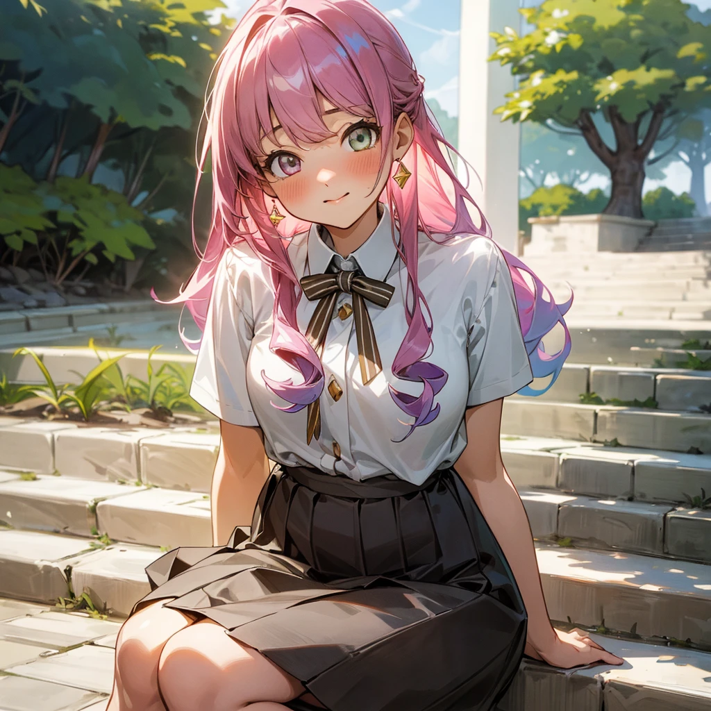 master piece, extremely detailed, high resolution, Haruba Negi style, girl, brown hair, white short sleeve shirt, light blue bow tie, big-bust, slim waist, diamond eyes, checkered mini skirt, crouched posture, smiling happily with closed mouth, glossy plump lips, pink lips, glossy hair, looking at camera, blushing and embarrassed, park with stone steps overlooking the sea in the background, port town visible, long bangs, brown eyes,Soaked white shirt