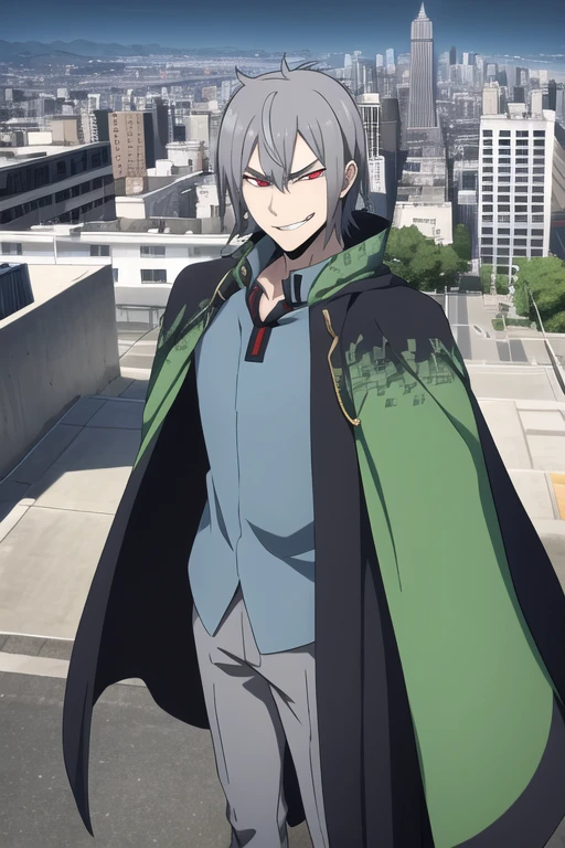 masterpiece, best quality, looking at viewer, 1boy, smirk, naoyadesu, black and green cape, blue shirt, standing, city, grey hair, red eyes