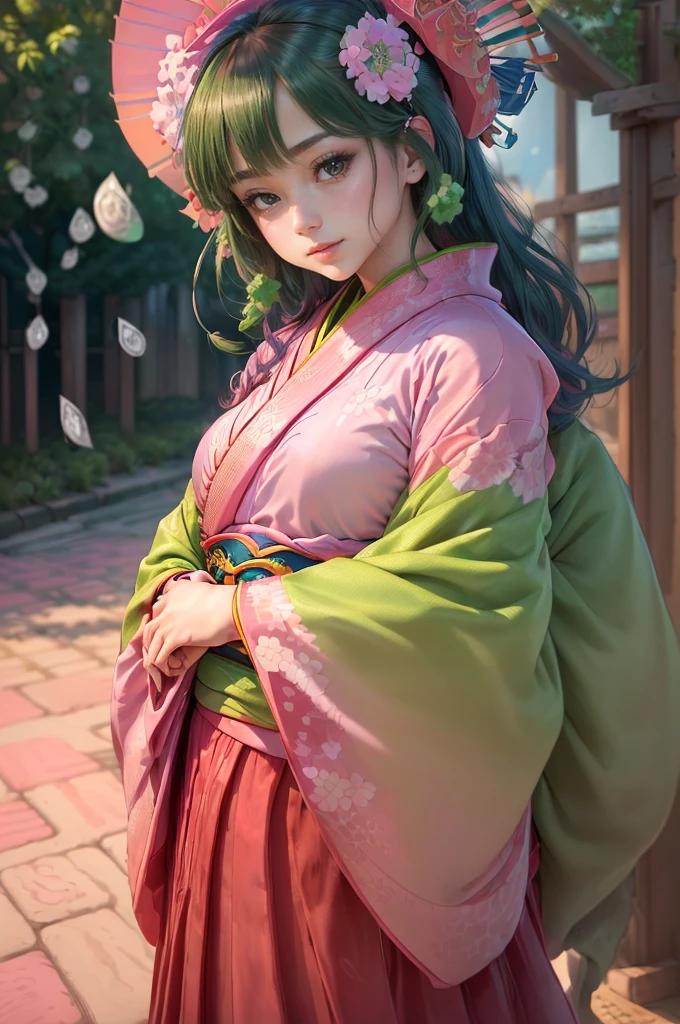 Madoka Ayukawa,Long shiny blue hair,Facing forward, holding a crystal and looking straight at the camera,Realistic,Very detailed, (The image shows only the top part of the kimono above the obi :1.7), ((8K, RAW Photos, Highest quality, masterpiece), High-resolution RAW color photos、 Professional close-up photography, (Realistic, Photorealism: 1.37), (Highest quality), (Best Shadow), (Best illustrations), High-quality images、Skin Radiance、Texture of skin and clothing、Expression of fine eyes, Manga art style, Perfect Line Drawing, Beautiful line art, digital manga art girl, K-POPアイドル, dress, Beautiful brown eyes, Fuller lips, Gorgeous face with attention to detail, (Cute Smile), Charm, Innocent, (Perfectly detailed face), (Detailed and carefully hand-drawn) Photorealistic images, Written boundary depth, Japanese Princess Cut Hairstyle, Highest quality, masterpiece, ((Colorful and beautiful kimono,red,green,pink,Money:1.7)), ((Upper arms hidden by clothing or hair)), (An innocent and pure high school girl:1.7) ((White short scarf)), ((White Feather Shawl)), Shrine Background, (Outdoor:1.5)