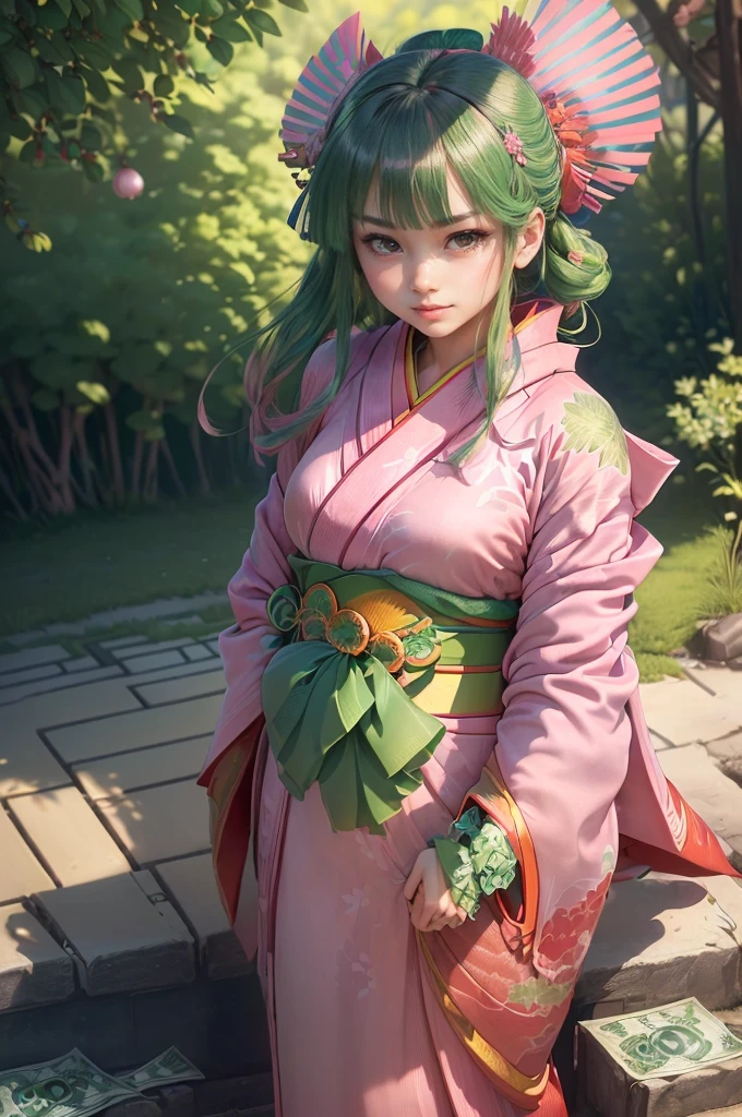 Madoka Ayukawa,Long shiny blue hair,Facing forward, holding a crystal and looking straight at the camera,Realistic,Very detailed, (The image shows only the top part of the kimono above the obi :1.7), ((8K, RAW Photos, Highest quality, masterpiece), High-resolution RAW color photos、 Professional close-up photography, (Realistic, Photorealism: 1.37), (Highest quality), (Best Shadow), (Best illustrations), High-quality images、Skin Radiance、Texture of skin and clothing、Expression of fine eyes, Manga art style, Perfect Line Drawing, Beautiful line art, digital manga art girl, K-POPアイドル, dress, Beautiful brown eyes, Fuller lips, Gorgeous face with attention to detail, (Cute Smile), Charm, Innocent, (Perfectly detailed face), (Detailed and carefully hand-drawn) Photorealistic images, Written boundary depth, Japanese Princess Cut Hairstyle, Highest quality, masterpiece, ((Colorful and beautiful kimono,red,green,pink,Money:1.7)), ((Upper arms hidden by clothing or hair)), (An innocent and pure high school girl:1.7) ((White short scarf)), ((White Feather Shawl)), Shrine Background, (Outdoor:1.5)