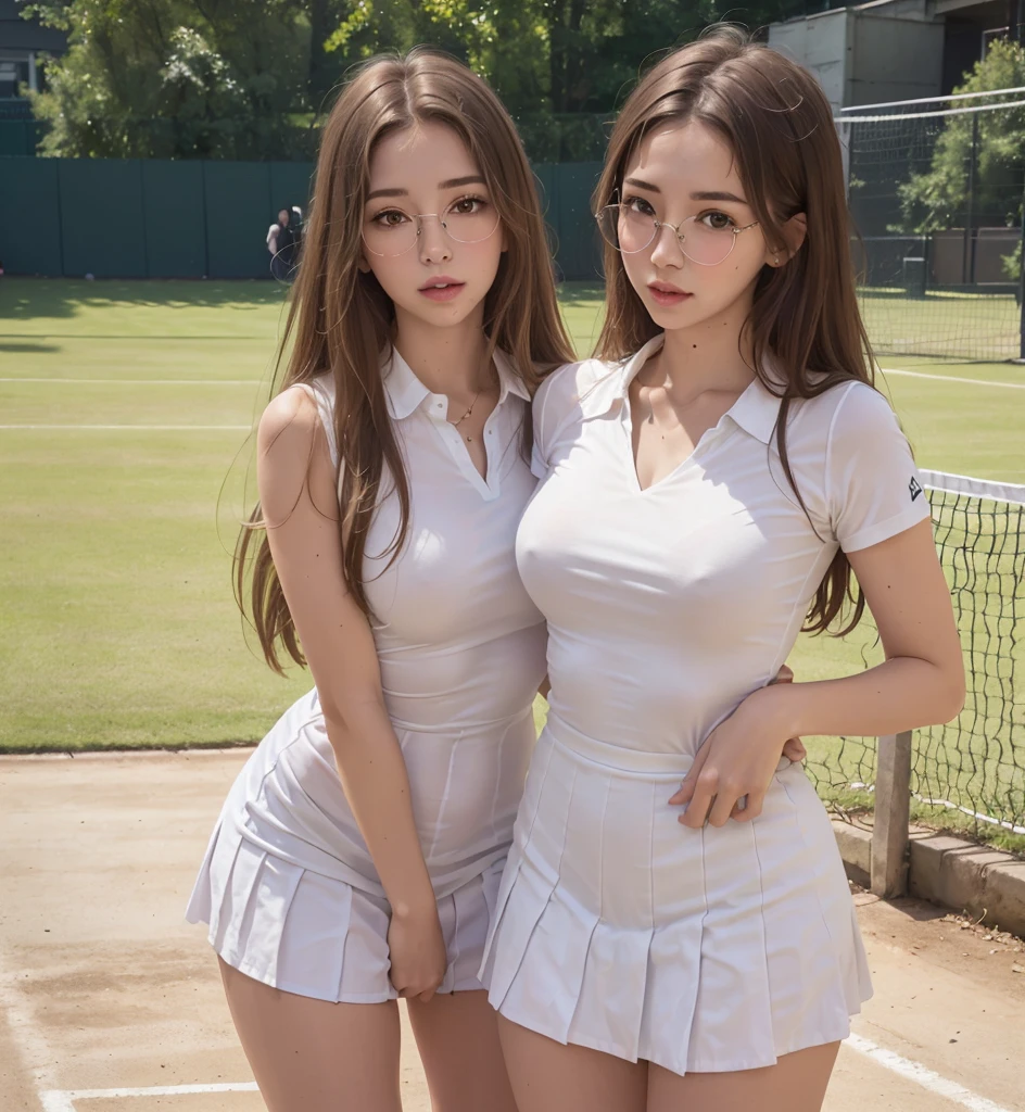 (Full Body Photo), 8k, FHD, ((Ultra Res)) (Real Face: 1.2), (Light and Vivid Colors) (Real Skin Texture), (Masterpiece), (Best Quality), (Natural Skin , soft and pale), (very straight white brown hair that shows one ear). (bright, vibrant, detailed gray eyes). (Expressive eyes with extreme details), (White glasses), ((White collar shirt, Tennis uniform, purple minidress, tennis court, Sweatband, sports shoes, Standing (pretty face), (Perfect lips).. ( Defined body), (Perfect beauty), (Perfect nose), (Thin and light eyebrows), (Beautiful and perfect beauty, not exaggerated), (Subtle sensual makeup), (Pale, soft and smooth skin), (Beautiful model) , young and cute), (nerdy appearance), (soft curves), slim face, ((detailed facial features)), beautiful woman, stunning views, perfect legs, rich upper class, silky soft hair, full body view , full body view, detailed clothing, showing her physical attributes, mariianaa19 from Onlyfans woman and a man loving each other a couple touching their breasts
