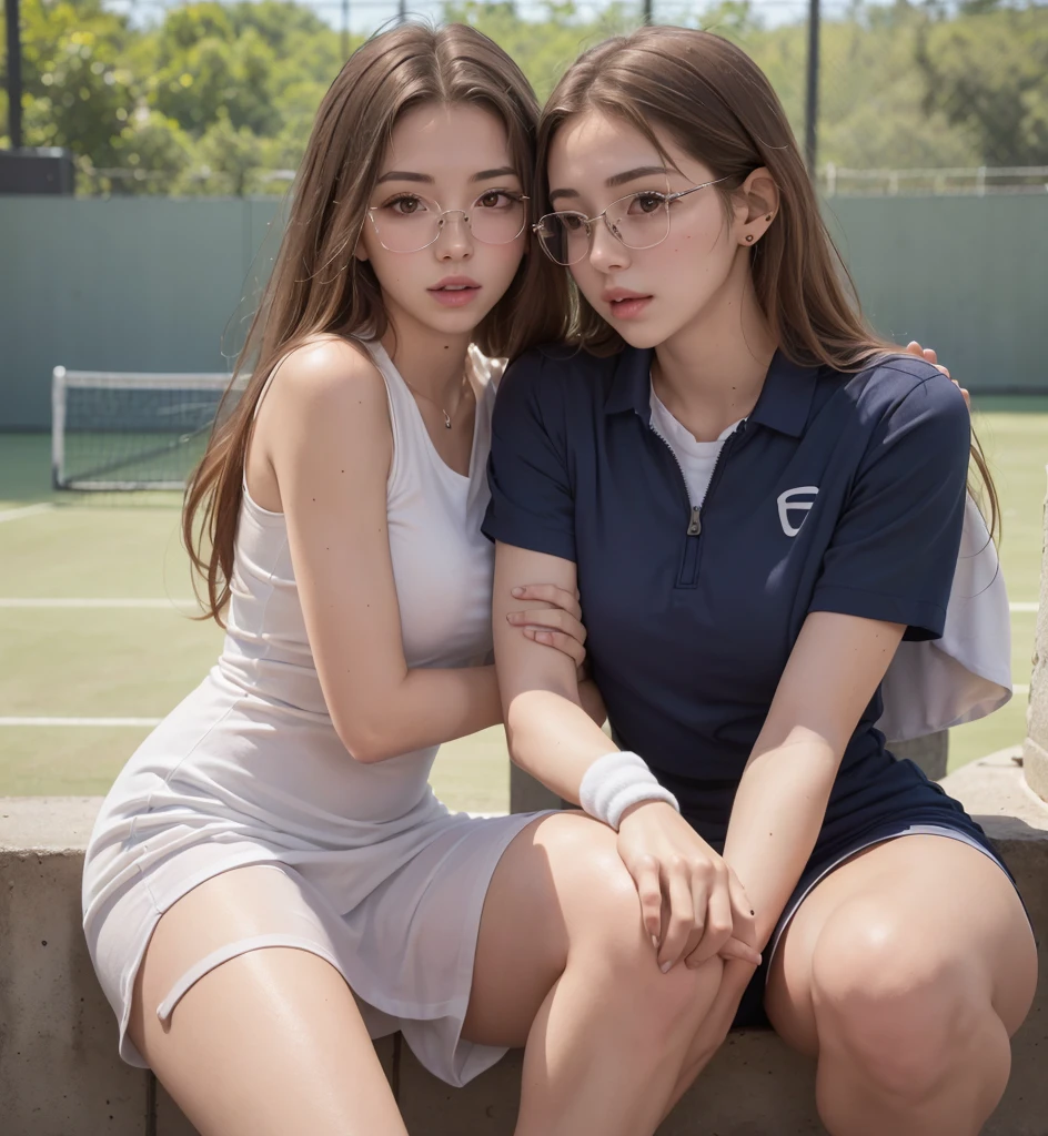 (Full Body Photo), 8k, FHD, ((Ultra Res)) (Real Face: 1.2), (Light and Vivid Colors) (Real Skin Texture), (Masterpiece), (Best Quality), (Natural Skin , soft and pale), (very straight white brown hair that shows one ear). (bright, vibrant, detailed gray eyes). (Expressive eyes with extreme details), (White glasses), ((White collar shirt, Tennis uniform, purple minidress, tennis court, Sweatband, sports shoes, Standing (pretty face), (Perfect lips).. ( Defined body), (Perfect beauty), (Perfect nose), (Thin and light eyebrows), (Beautiful and perfect beauty, not exaggerated), (Subtle sensual makeup), (Pale, soft and smooth skin), (Beautiful model) , young and cute), (nerdy appearance), (soft curves), slim face, ((detailed facial features)), beautiful woman, stunning views, perfect legs, rich upper class, silky soft hair, full body view , full body view, detailed clothing, showing her physical attributes, mariianaa19 from Onlyfans woman and a man loving each other a couple touching their breasts
