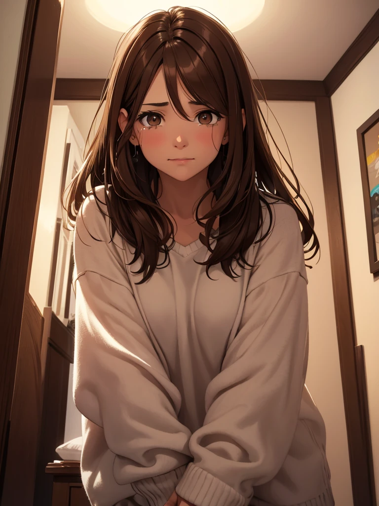an adult woman, Brown hair, Brown eyes, crying at night in his room, It&#39;s night and there is only light from the night sky 