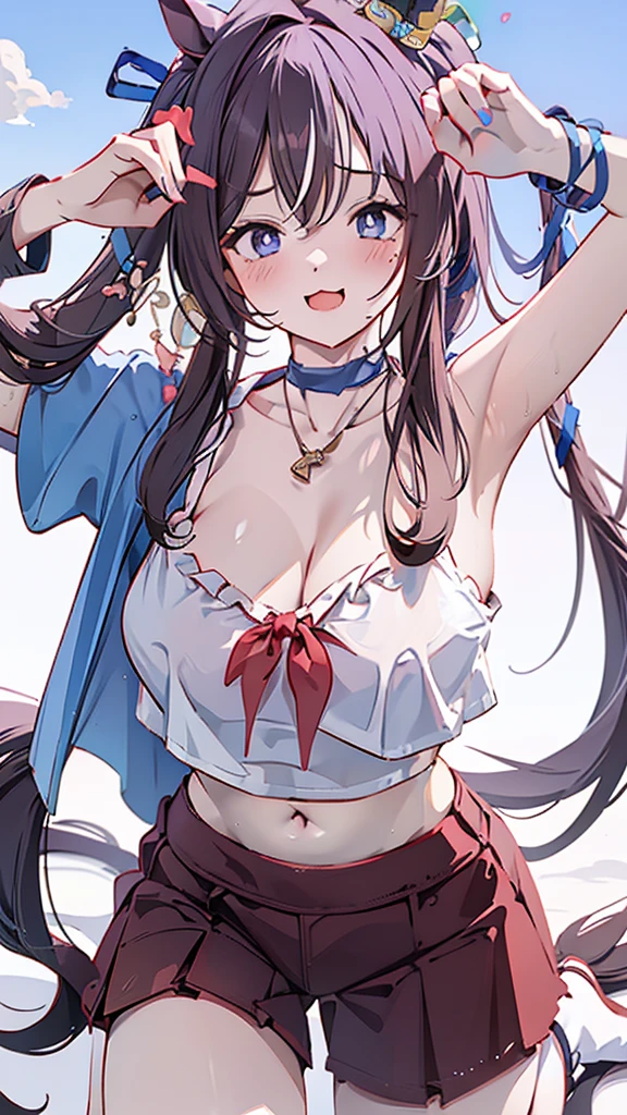 Highest quality,masterpiece, Highest Resolution, nsfw, 1 girl, topless, huge breasts,bpink nipple, belly button,outdoor, blush, standing, horse ears, horse tail
