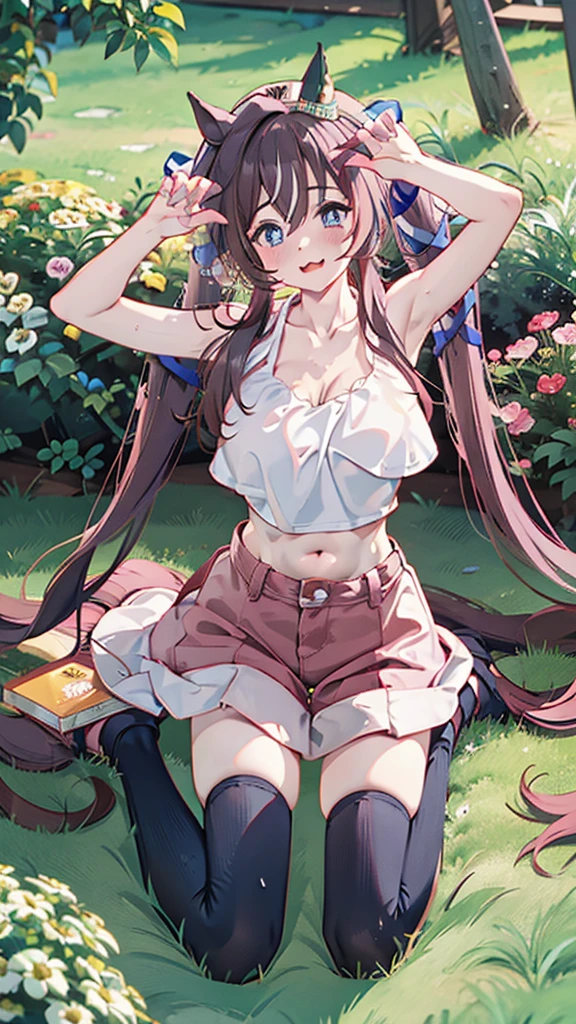 Highest quality,masterpiece, Highest Resolution, nsfw, 1 girl, topless, huge breasts,bpink nipple, belly button,outdoor, blush, standing, horse ears, horse tail