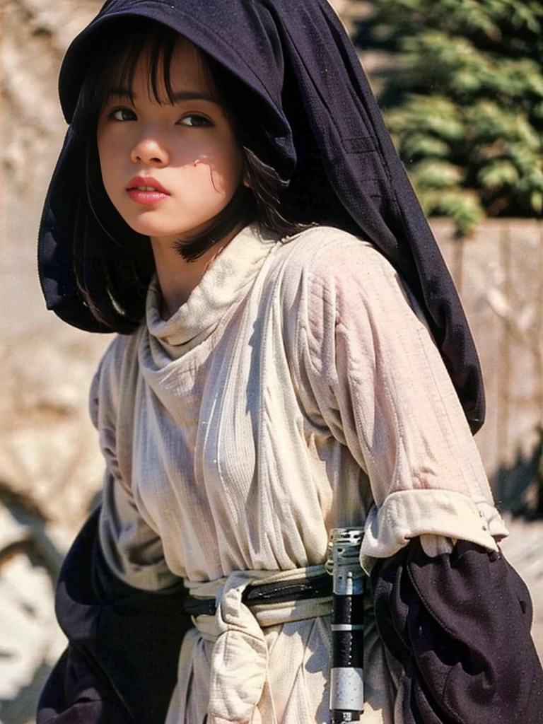 (in jedioutfit), (clear sky), 
walking through Tatooine, (wind is blowing), 

(black hair), (medium hair), (much hair), (thin eyebrows), (smaller face), 
(curvy), (small breast:1.6), (skinny arms), (skinny), (whitening skin), (fine skin), 

(holding a jedi's lightsaber), 

(cowboy shot), (from below), 
detail face, (photorealistic:1.4), ultra high res, best quality, ((detailed facial features)), 8k resolution,