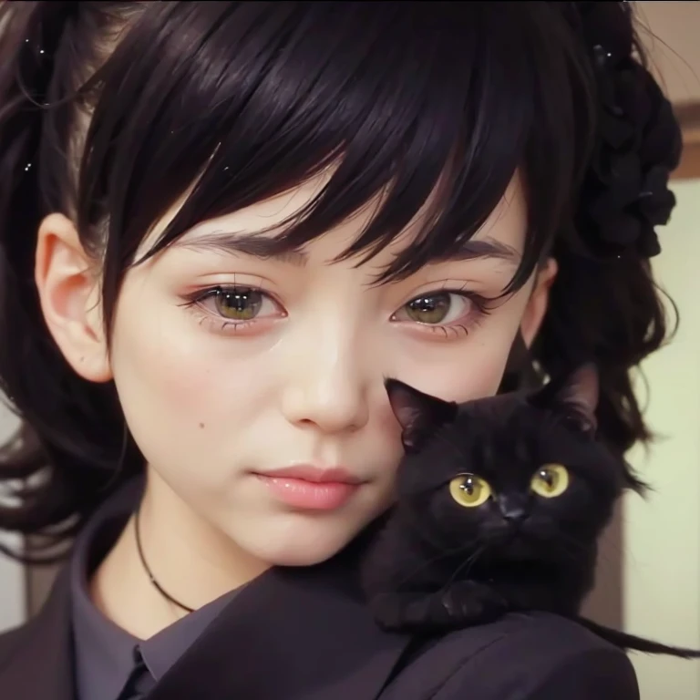 a masterpiece portrait of a beautiful young woman with a small face and a cute expression with a black cat, wearing a black formal blazer and a short skirt, in an office setting, shot with a DSLR camera, high-quality 8k UHD image with realistic skin details, detailed facial features, rim lighting, and a beautiful bokeh background