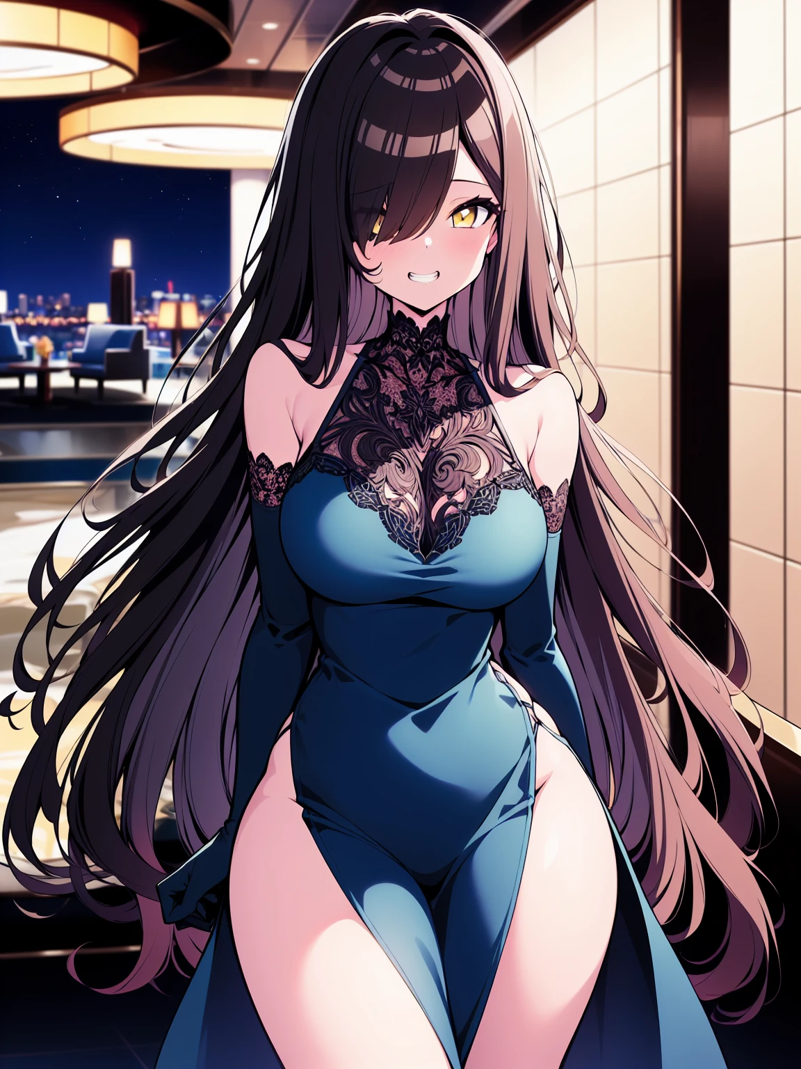 (cowboy shot), (ultra-high resolution, depth of field:1.2), 1woman, mature, brunette hair, long straight hair, yellow eyes, hair over one eye, large breasts, (wide hips), night dress, (blue dress), elbow gloves, black lace gloves, indoors, bare shoulders, sleeveless dress, ((fancy hotel lobby)), grin