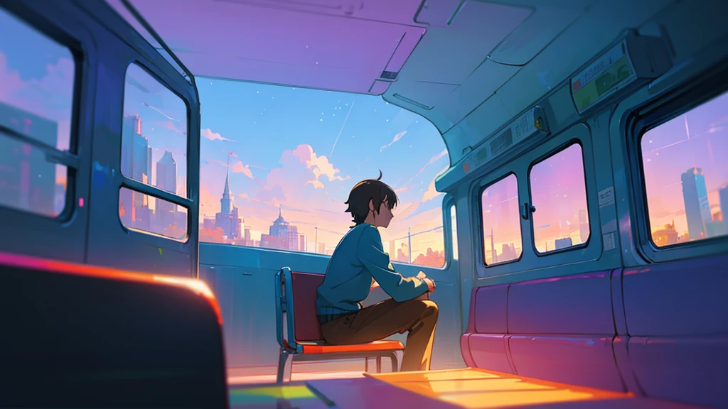 Anime Scene of a person sitting on a bus with bubbles coming out of the window, Anime Scenery concept art, Anime Background Art, Anime-style streetscape, Lofi Art, Lofi Artstyle, Makoto Shinkai Cyril Rolland, beautiful Anime Scene, Studio Ghibli Sunshine, Inspired by Liam Wong, Lo-fi illustration style, Anime movie background, Anime Scene