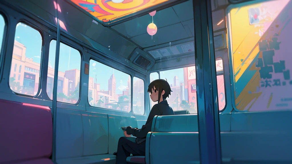 Anime Scene of a person sitting on a bus with bubbles coming out of the window, Anime Scenery concept art, Anime Background Art, Anime-style streetscape, Lofi Art, Lofi Artstyle, Makoto Shinkai Cyril Rolland, beautiful Anime Scene, Studio Ghibli Sunshine, Inspired by Liam Wong, Lo-fi illustration style, Anime movie background, Anime Scene