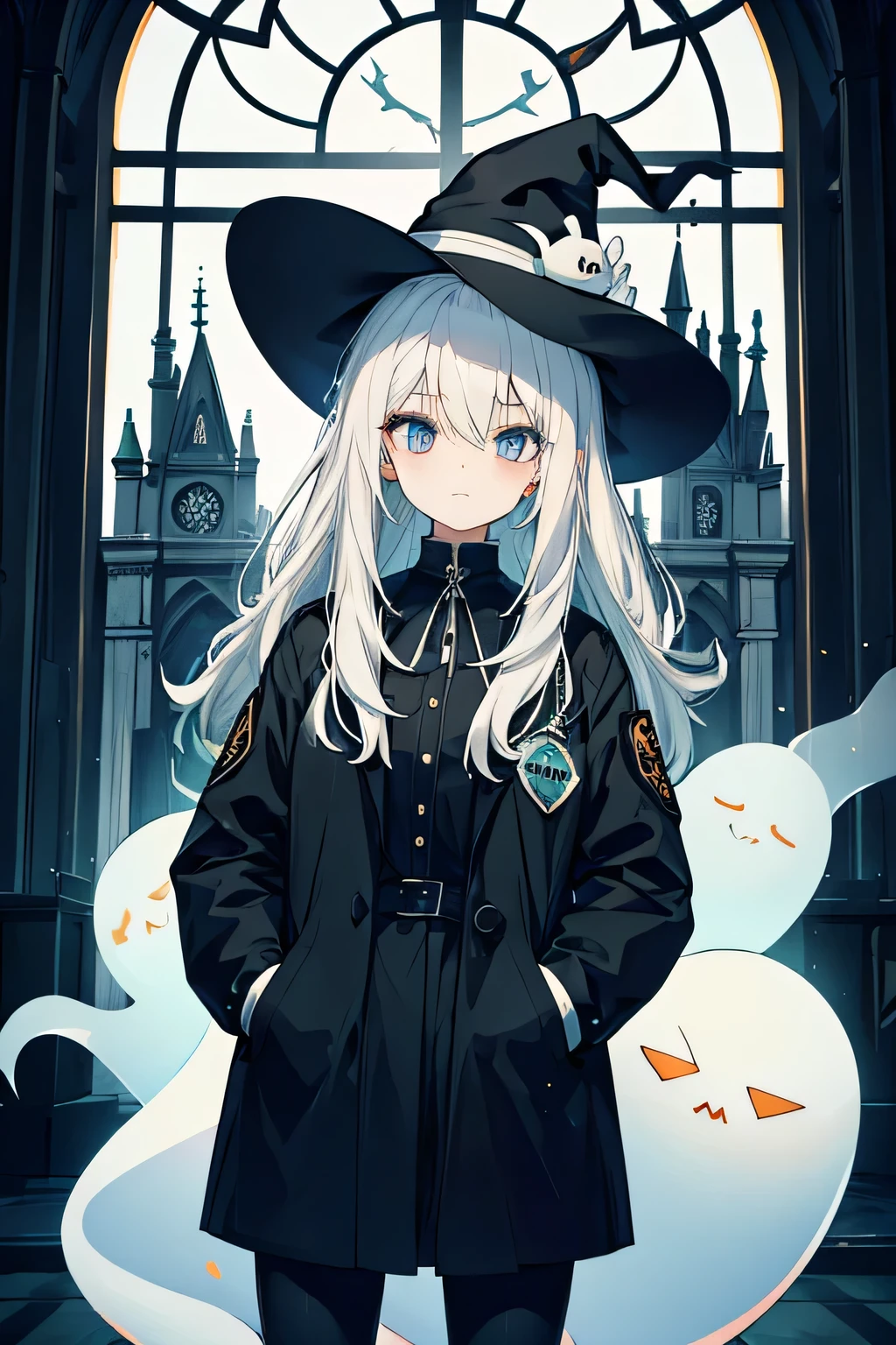 {high quality}, church, Halloween, ghost, ghost, interesting, {A girl with white hair and jade eyes}, {Black jacket}, {Black spats}, {Put your hands in your pockets}, {dawn},