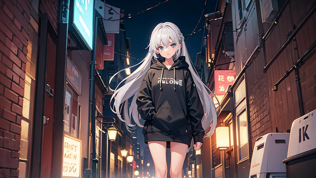 One girl,City of night,Wearing a hoodie,Gray Hair,Back Alley,8K