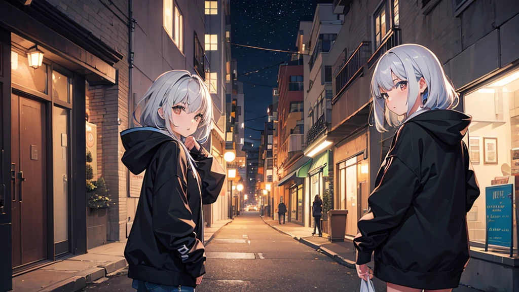 One girl,City of night,Wearing a hoodie,Gray Hair,Back Alley,8K