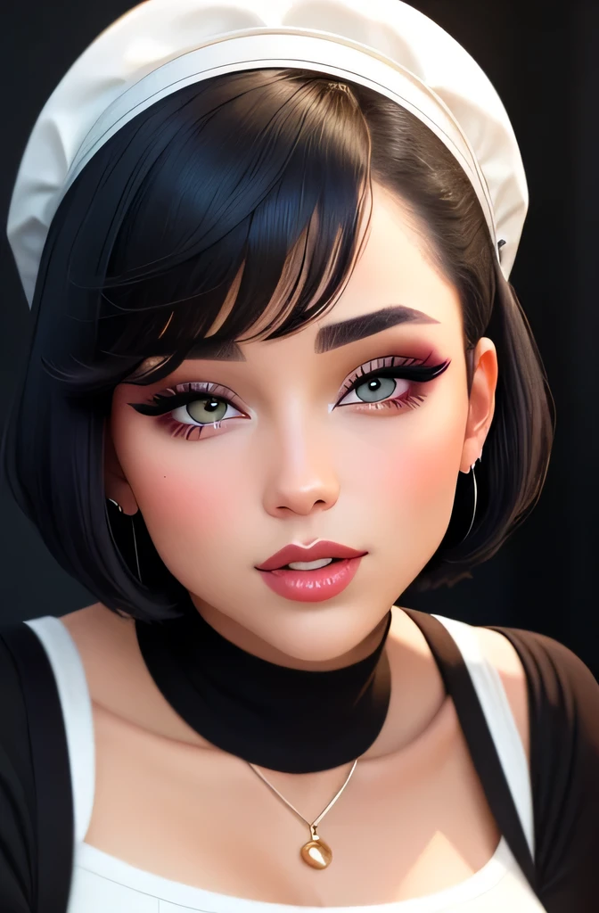 Amazing portrait of a sexy woman with a beautiful face emphasized by amazing makeup and beautifully detailed eyes with perfect lips wearing her short black hair in a bob with a white hairband blushing intensely as she's flustered and lustful wearing some elegant earrings and a black sleeveless sweater accentuating her medium chest paired with a cream skirt that accentuates her thick curvy body making her look hot with vibrant colors and soft lighting