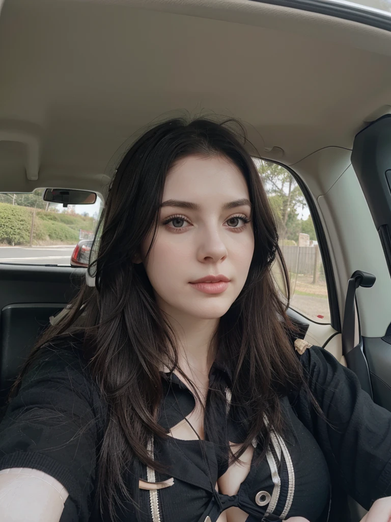 Pale skin, black hair, large breasts, driving, cleavage