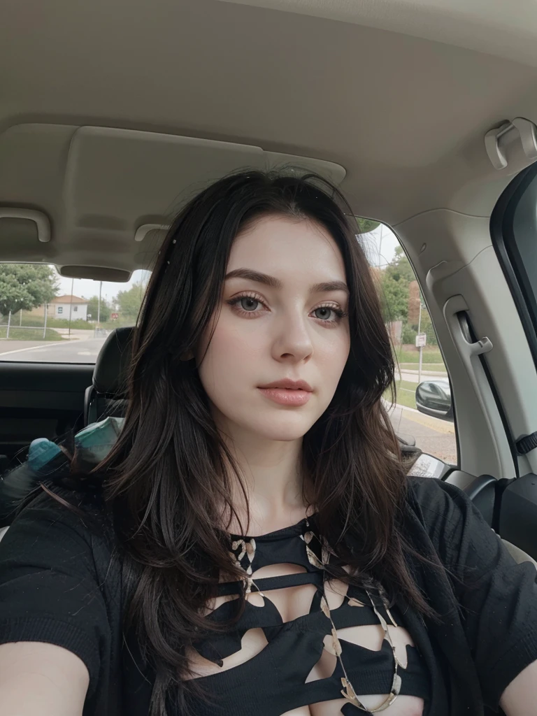 Pale skin, black hair, large breasts, driving, cleavage
