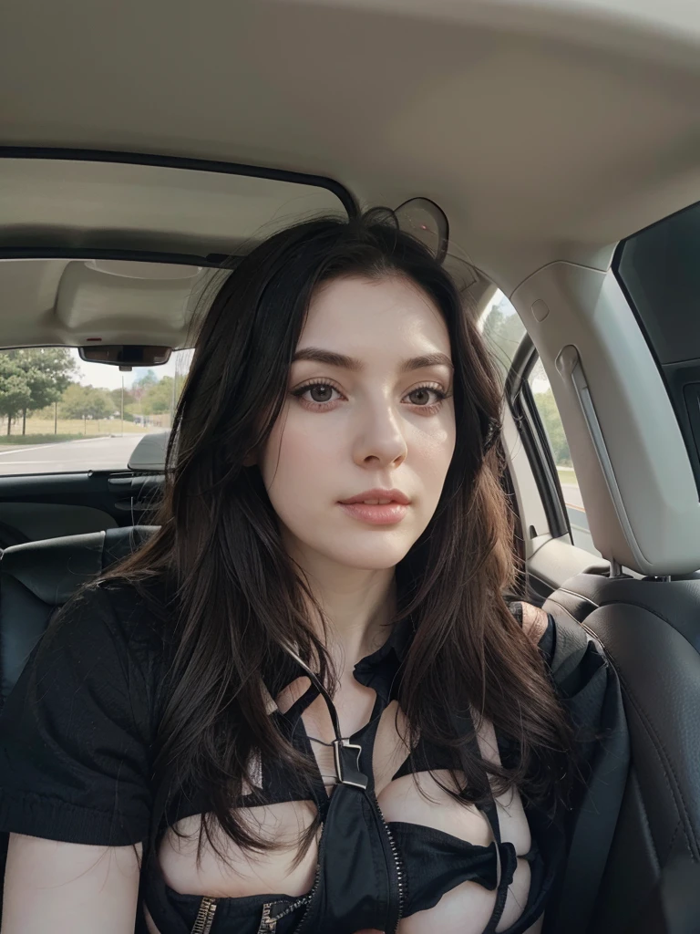 Pale skin, black hair, large , driving, cleavag