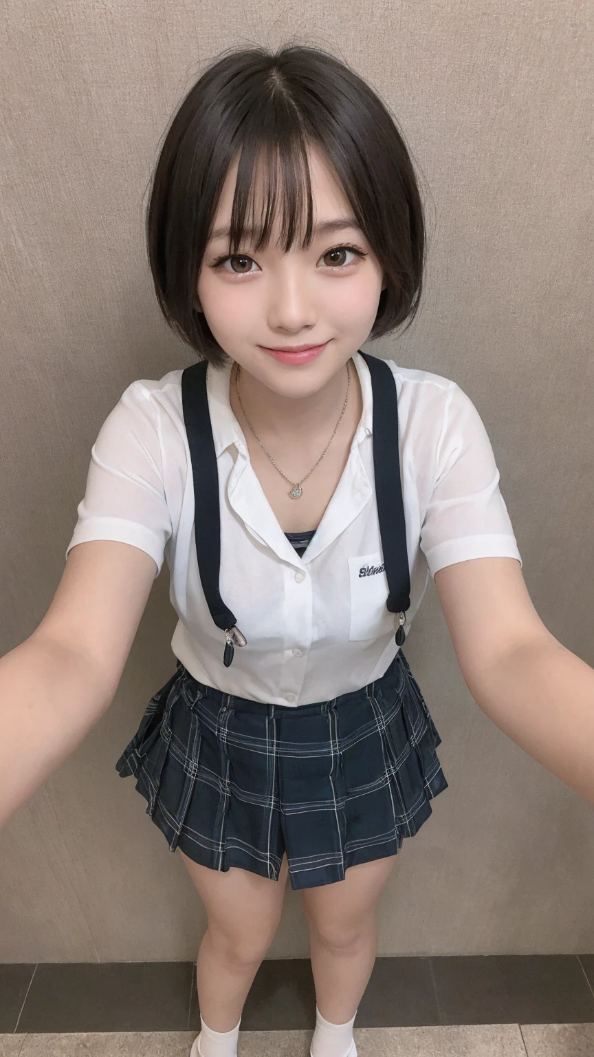 Japanese schoolgirl、Exposing the chest、shirt、Loose tie、Very short checked skirt、Sockless feet、Sexy 、whole body、Shooting from below、Thin thighs、necklace、smile、Short-haired twin-tailed