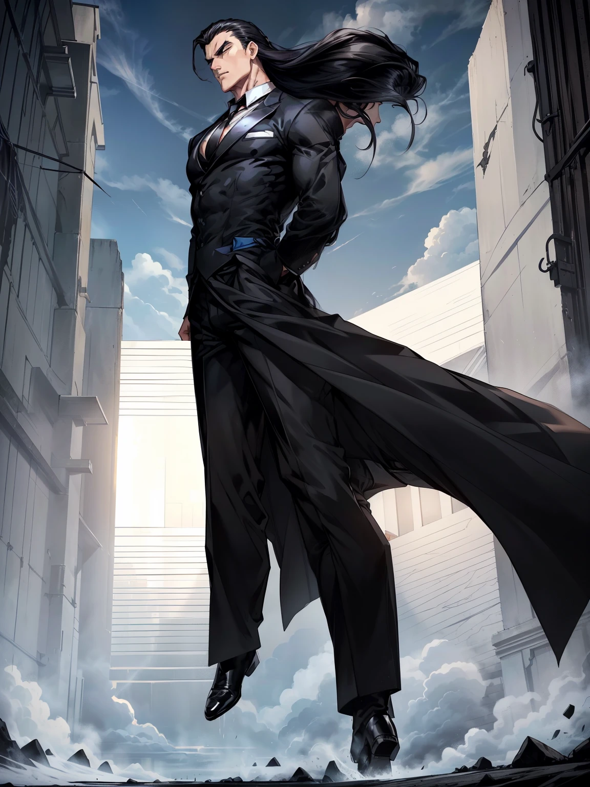 boys 26 Years old, Serious face, muscular, slick back long hair, wearing ((black long suits, white shirts, black ties, black pants)), high cut boots, ((hands behind back)), levitate in the air, cloud, blue sky