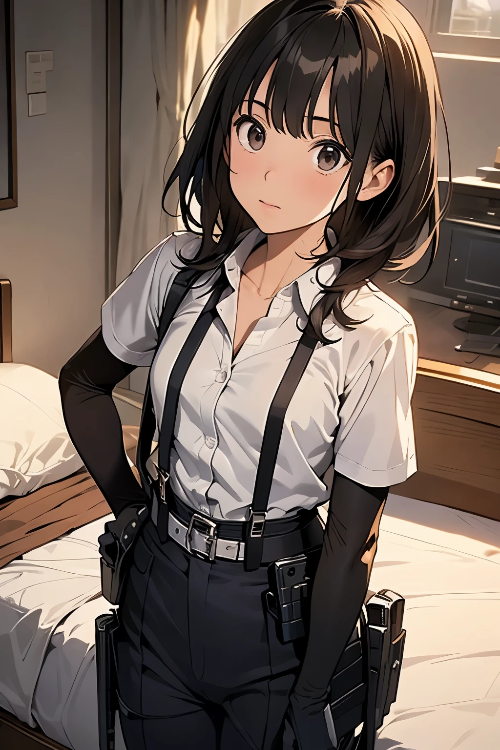 1 female, , high quality, masterpiece, Ultra-high resolution, , Cinema Lighting, , , And the suspenders with the cranes flying Moderate breasts Small face holster Lying in bed Looking up Sweat belt summer 脇Sweat Black Hole Gloves suit shirt Black jacket Black trousers Leg Links ズボンにbelt holster Hands behind your back Anxious expression Looking up Anxious face, legs apart