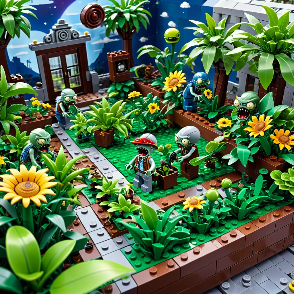 best quality, very good, 16K, ridiculous, Very detailed, Plants vs. Zombies，Made of Lego, Background space（（A masterpiece full of fantasy elements）））， （（best quality））， （（Intricate details））（8K）