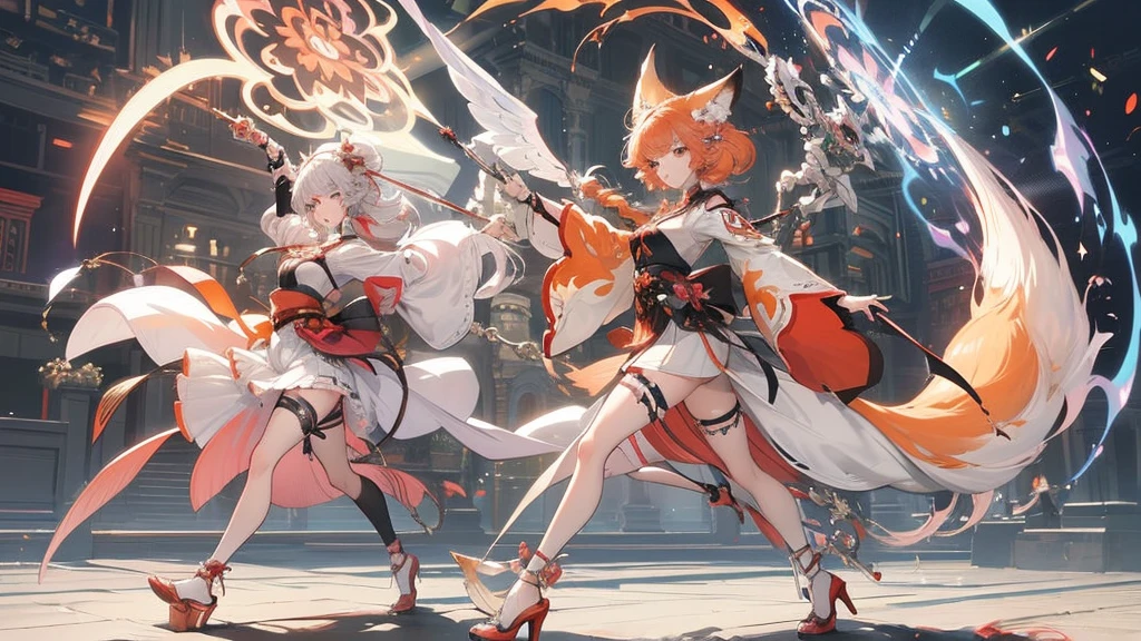 One wearing a white dress、Goddess, girl with orange hair and fox ear, red eyes, wearing red white orange kimono, Complex and gorgeous anime CGI style, , full-body fantasy of fire magic, Anime girl walking on fire, guweiz style artwork, big fox with her , ethereal fantasy, victorian era, fox elements, splash art
