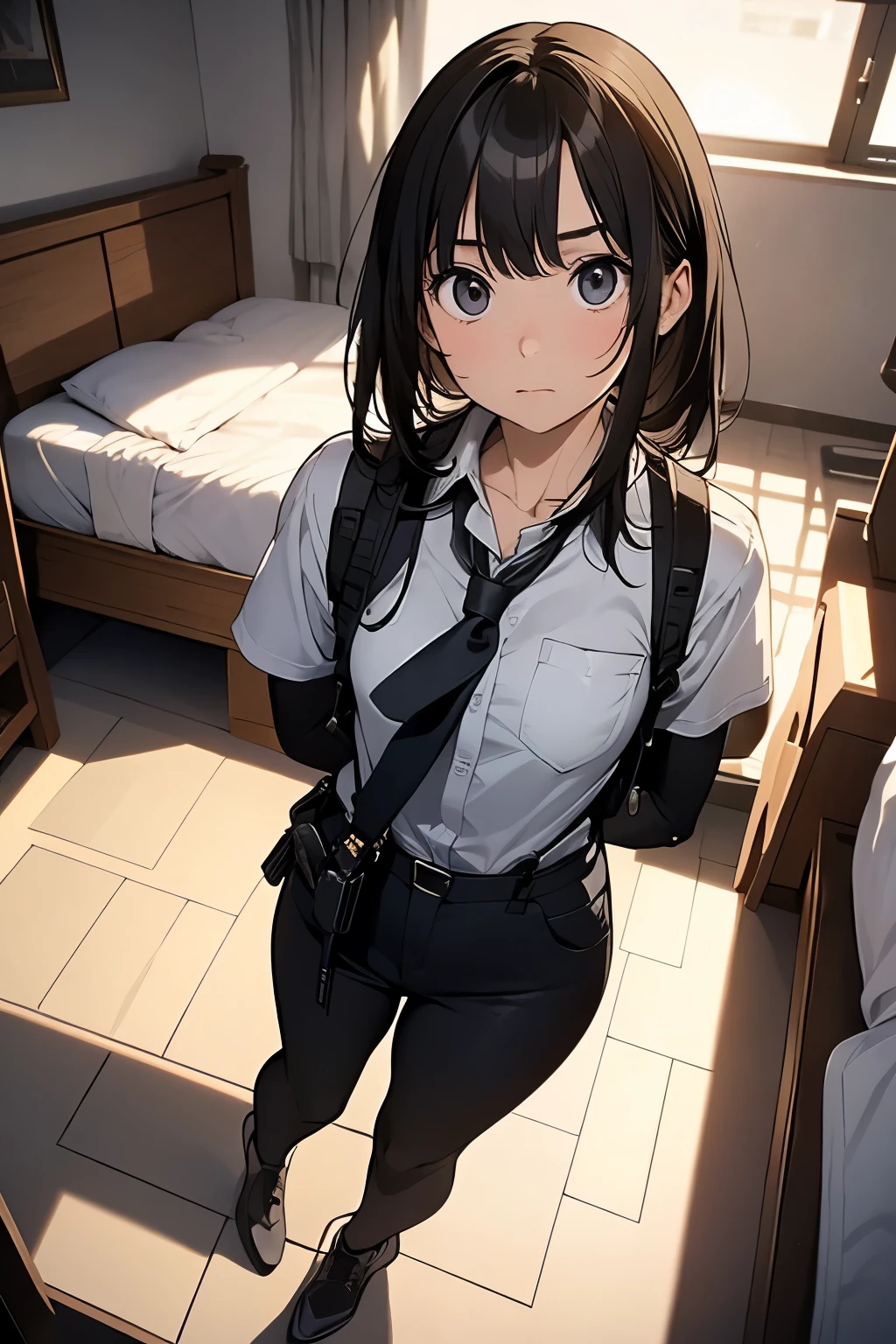 1 female, , high quality, masterpiece, Ultra-high resolution, , Cinema Lighting, , , And the suspenders with the cranes flying Moderate breasts Small face holster Lying in bed Looking up Sweat belt summer 脇Sweat Black Hole Gloves suit shirt Black jacket Black trousers Leg Links ズボンにbelt holster Hands behind your back Anxious expression Looking up Anxious face, legs apart