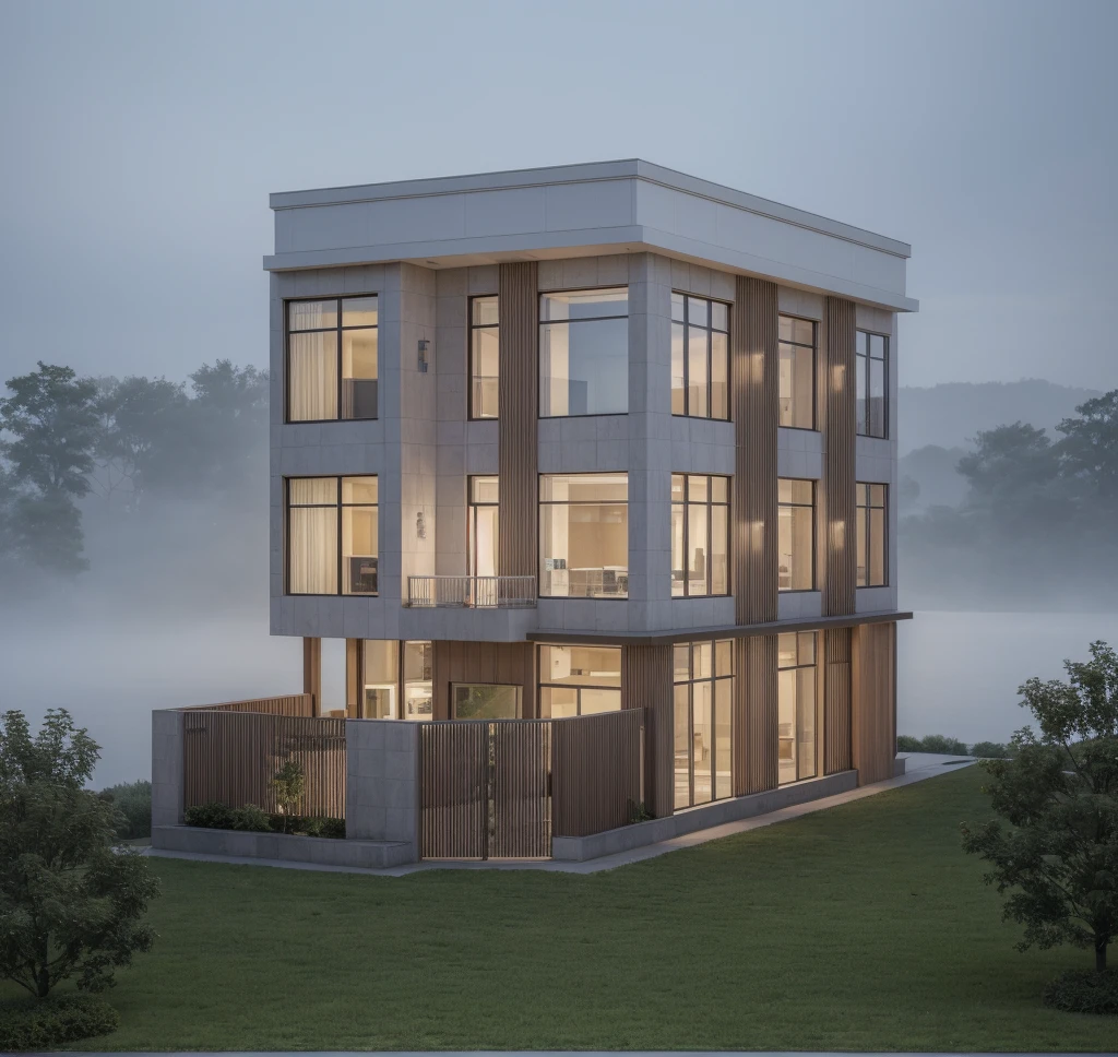 RAW photo, ((white)) modern house, (road:1.3), (sidewalk:1.3), (sidewalk trees:1.3), (residences area:1.4), dawn time, overcast, fog, tropical trees and plants, (high detailed:1.2), 8k uhd, dslr, soft lighting, high quality, film grain, Fujifilm XT3, (sharpen:1.5)