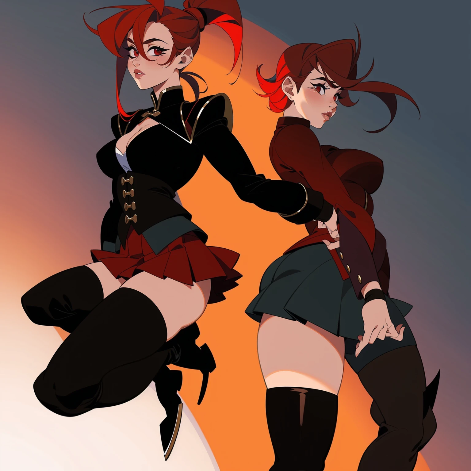 Rogue human woman, with red hair and black highlights, long high ponytail, white corset, black mini skirt, black thigh high boots, black jacket.