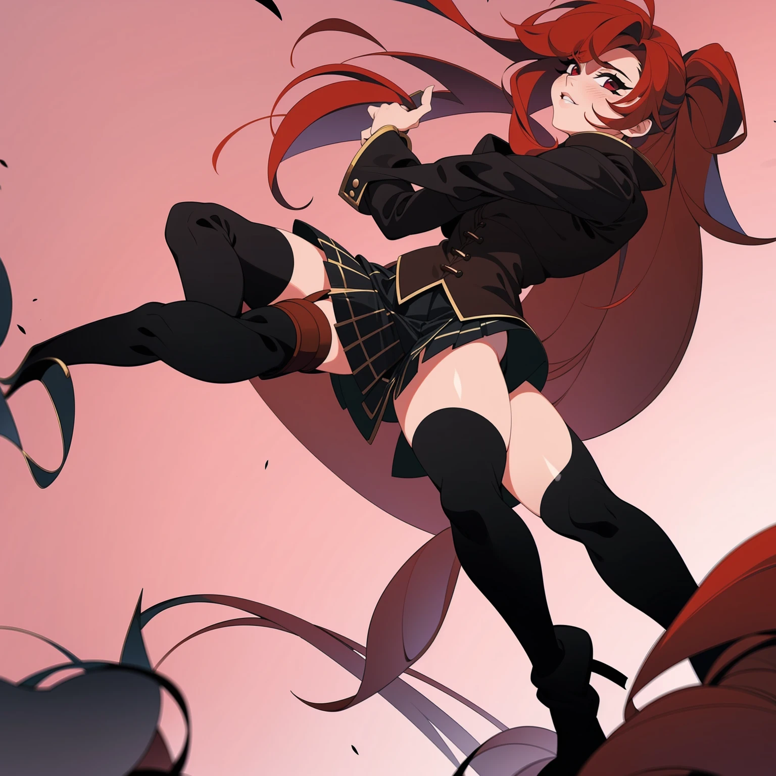 Rogue human woman, with red hair and black highlights, long high ponytail, white corset, black mini skirt, black thigh high boots, black jacket.
