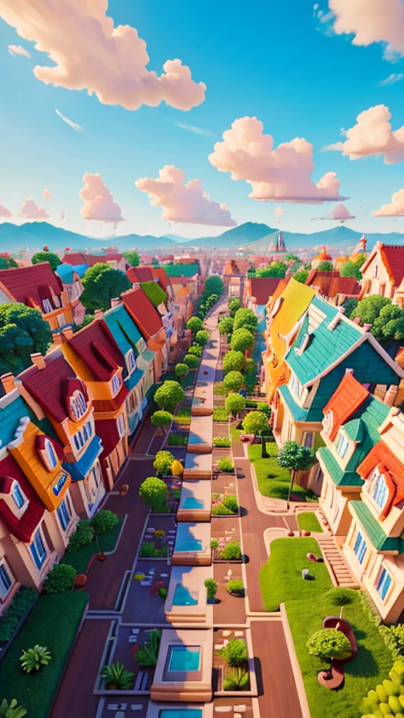 Aerial view of a city built with Lego bricks，There are roads，There are cars，Have a house，There are characters，There are parks，colorful，interesting