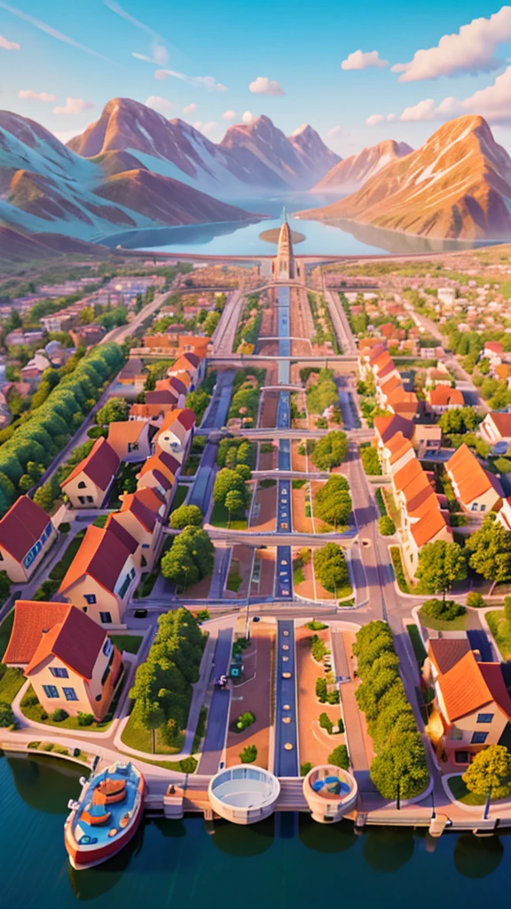 Aerial view of a city built with Lego bricks，There are roads，There are cars，Have a house，There are characters，There are parks，colorful，interesting