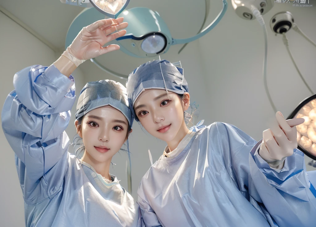 (cowboy shot:1.2), smiling elegant slim asian woman, Japanese, wearing surgical_mask_open, completely_undone, (((surgical outfit))), black hair, (heart hands1.4), (modern surgery room), photo, 2girls, ultra high res, realistic photorealistic, ultra-detailed, finely detailed, high resolution, perfect dynamic composition, (perfect eyes), (detailed eyes), solid circle eyes, sparkling eyes, (clean eyes), anatomically correct, super detail, textured skin, extremely detailed face and eyes, detailed facial features, ((perfect face)), wide hips