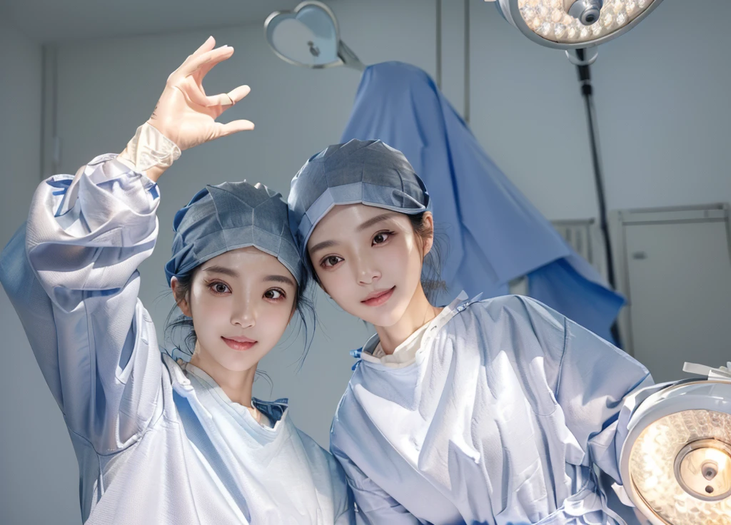 (cowboy shot:1.2), smiling elegant slim asian woman, Japanese, wearing surgical_mask_open, completely_undone, (((surgical outfit))), black hair, (heart hands1.4), (modern surgery room), photo, 2girls, ultra high res, realistic photorealistic, ultra-detailed, finely detailed, high resolution, perfect dynamic composition, (perfect eyes), (detailed eyes), solid circle eyes, sparkling eyes, (clean eyes), anatomically correct, super detail, textured skin, extremely detailed face and eyes, detailed facial features, ((perfect face)), wide hips