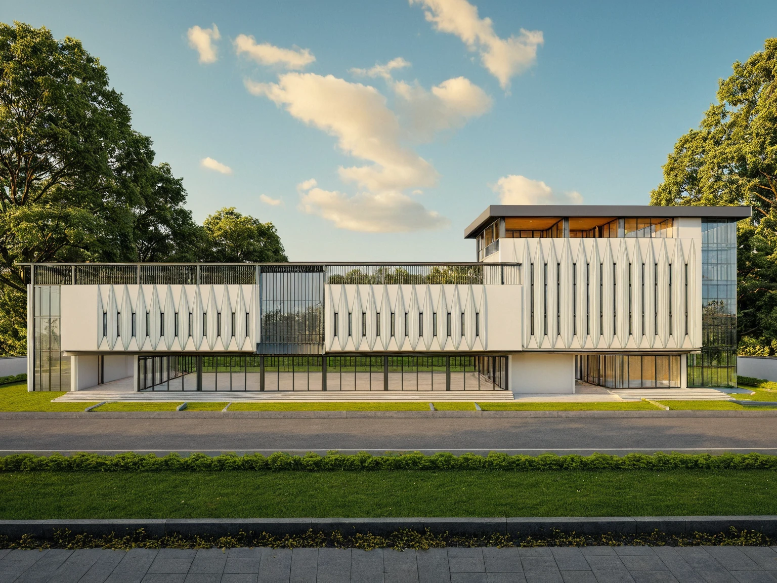Masterpiece, high quality, best quality, authentic, super detail, outdoors, wedding center style neoclassic, white wall, glass windows, gate road, pavement, grass, trees, blue sky, sunset, cloud, (day:1.1), realistic lighting