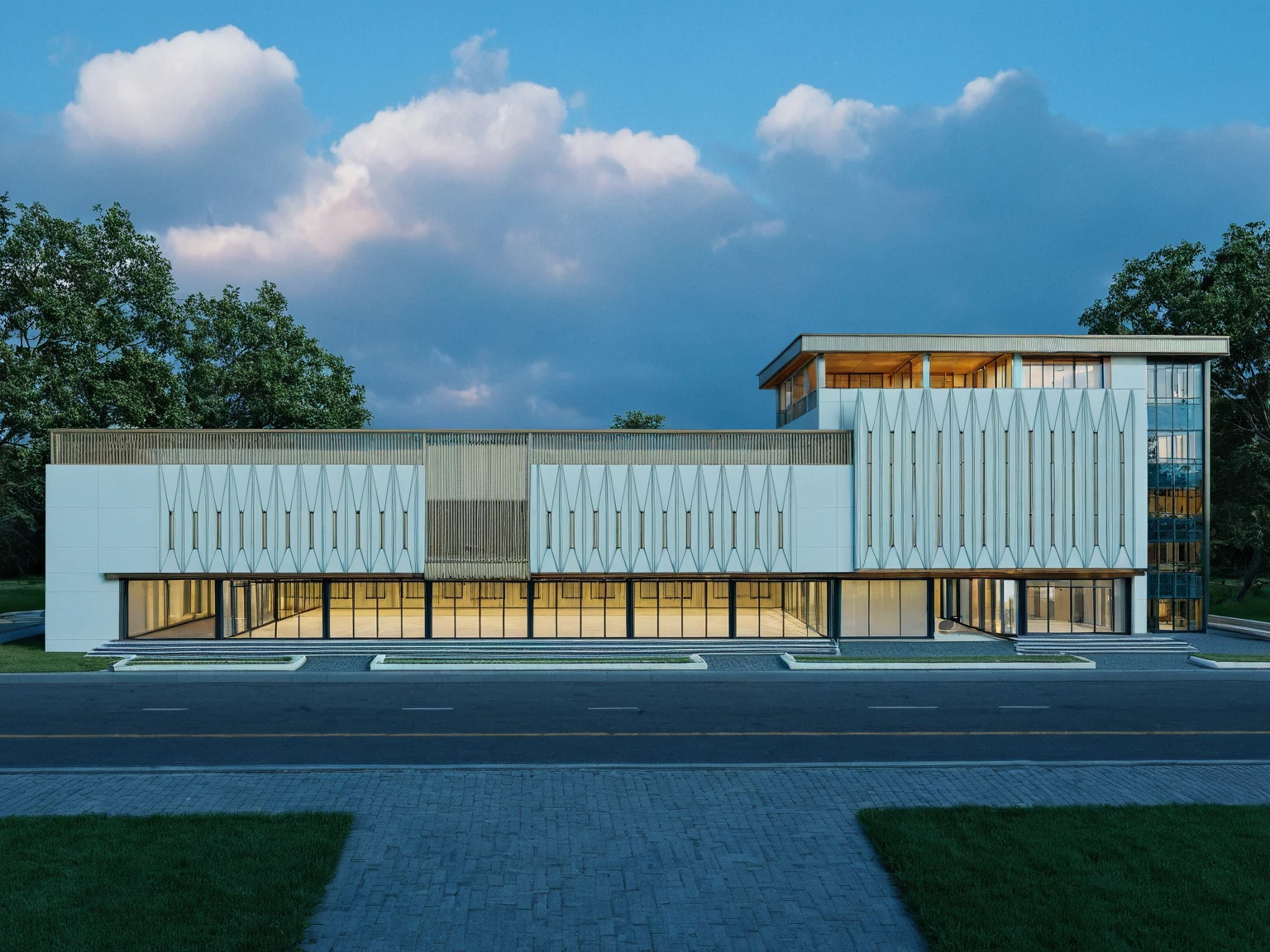 Masterpiece, high quality, best quality, authentic, super detail, outdoors, wedding center style neoclassic, white wall, glass windows, gate road, pavement, grass, trees, blue sky, sunset, cloud, (day:1.1), realistic lighting