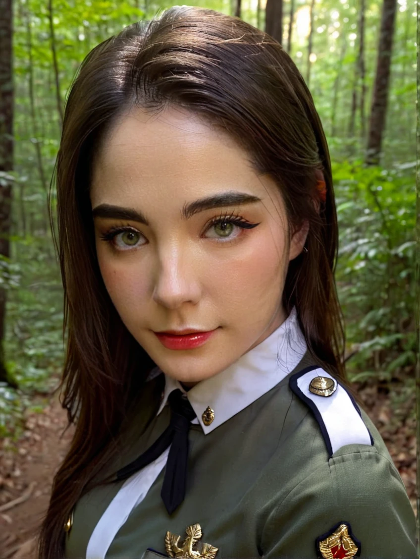 a beautiful photo by st4ryuukiXL, detailed skin texture,Masterpiece, photorealistic, Women, 4k, light, Raw color photo,(completely in frame:1.1), (Goosebumps:0.5),king, detailed face,wearing a uniform,evening,forest,subtle smile,High contrast