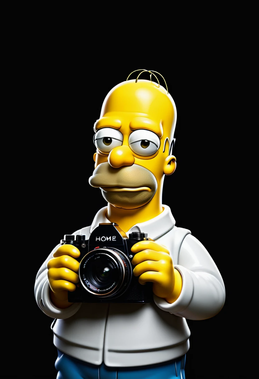 Homer Simpson holding a photo camera, solid black background
