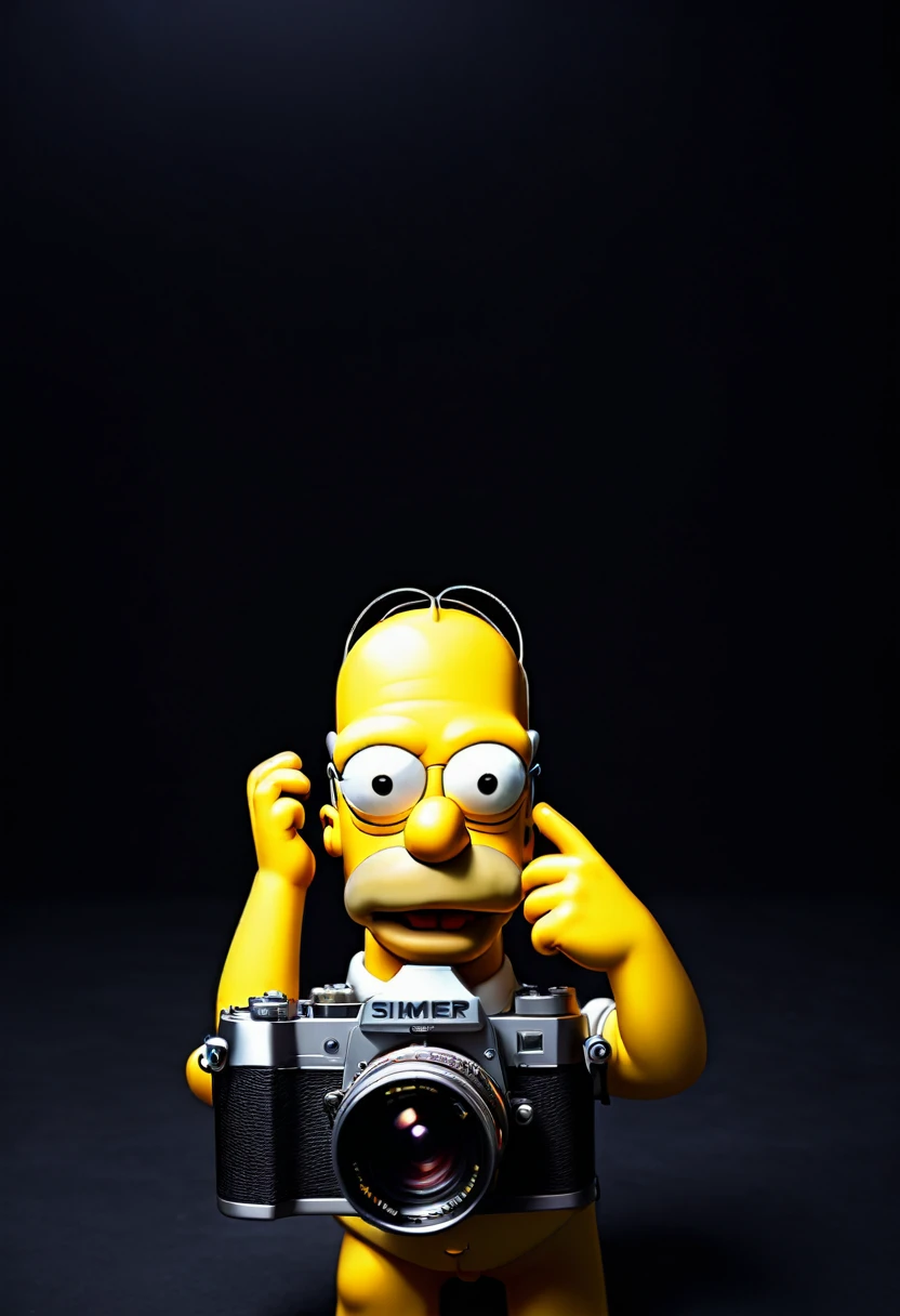 Homer Simpson holding a photo camera, solid black background