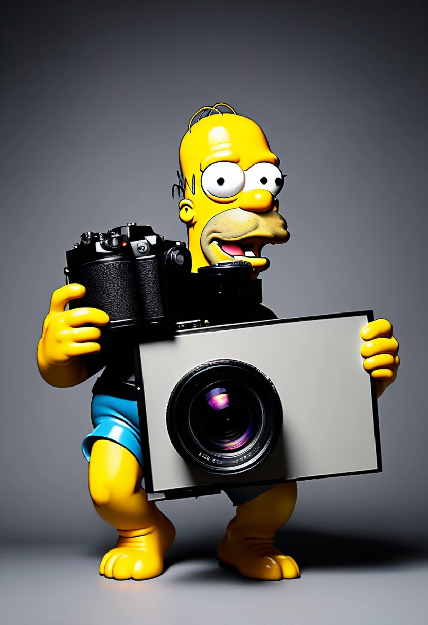 Homer Simpson holding a photo camera, solid black background