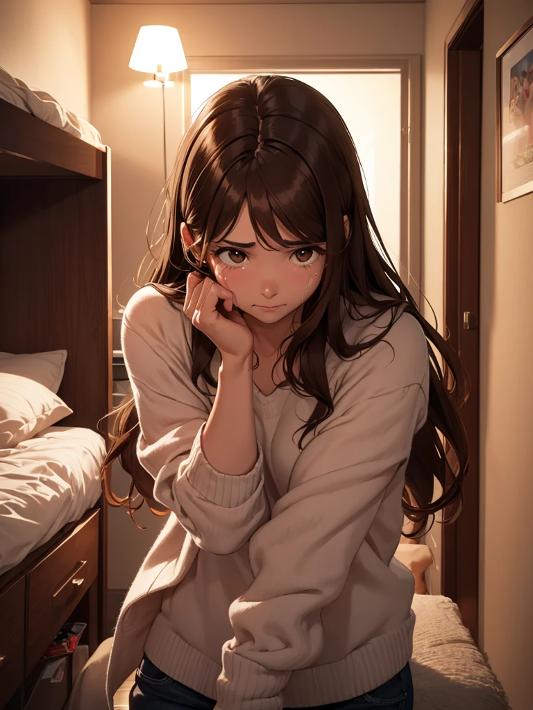 an adult woman, Brown hair, Brown eyes, crying at night in his room, It&#39;s night and there is only light from the night sky 