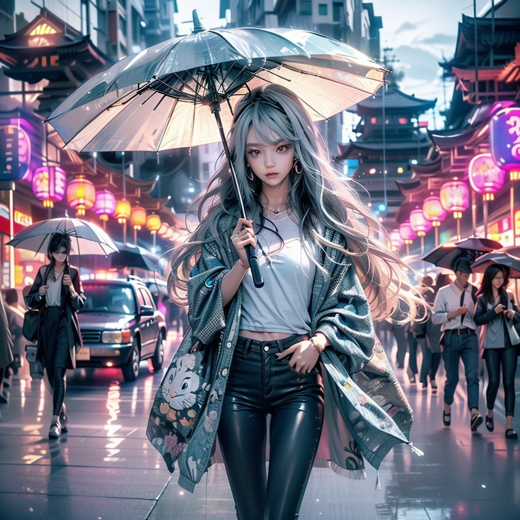 More about the rainy road, The girl hit the head of the umbrella, In his other hand he holds an umbrella, Blue Denim Leggings, Masterpiece Superb Night Moon(Master Piece) night moon(Full Moon) 1 Women, Sisters of Japan, Cold face showing silvery-white long-haired woman, Light pink lips, Calm and intelligent, Three Bands, lantern, lantern, Flower bulbs, Background, Spectacle strolling through the city, long hair shawl, a woman with tattoos and piercings crouches in the jungle with a tiger, 4k highly detailed digital art, beautiful digital artwork, 4k detailed digital art, rossdraws cartoon vibrant, in the style of ross tran, anime style 4 k, alice x. zhang, beautiful avatar pictures, ross tran 8 k, epic digital art illustration, highly detailed digital painting、a cartoon character seated on a throne and next to a tiger looking out across the room, animal ears, 1girl, solo, tail