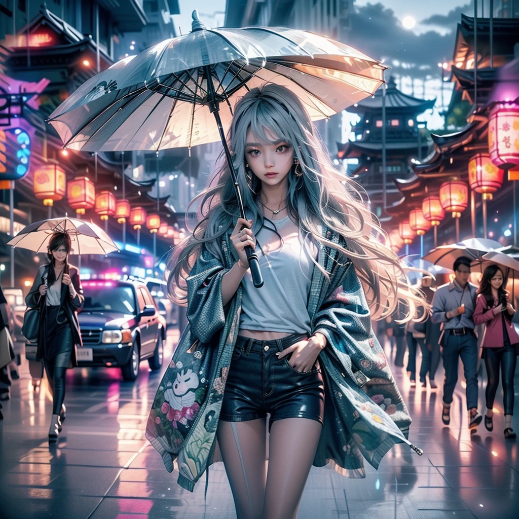 More about the rainy road, The girl hit the head of the umbrella, In his other hand he holds an umbrella, Blue Denim Leggings, Masterpiece Superb Night Moon(Master Piece) night moon(Full Moon) 1 Women, Sisters of Japan, Cold face showing silvery-white long-haired woman, Light pink lips, Calm and intelligent, Three Bands, lantern, lantern, Flower bulbs, Background, Spectacle strolling through the city, long hair shawl, a woman with tattoos and piercings crouches in the jungle with a tiger, 4k highly detailed digital art, beautiful digital artwork, 4k detailed digital art, rossdraws cartoon vibrant, in the style of ross tran, anime style 4 k, alice x. zhang, beautiful avatar pictures, ross tran 8 k, epic digital art illustration, highly detailed digital painting、a cartoon character seated on a throne and next to a tiger looking out across the room, animal ears, 1girl, solo, tail