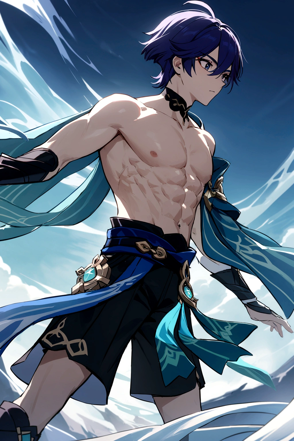 (Personagem scaramouhe/genshin impact game wanderer) Indigo Hair, shirtless with defined abs, face detailed, volume of his thick and large member marked in his shorts