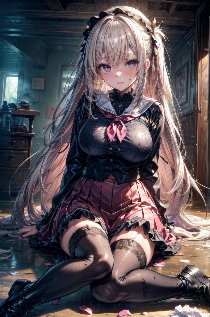 Very detailed顔, Perfect lighting, Extremely detailed CG, (Perfect hands, Perfect Anatomy),Very detailed,　The whole body is covered in shiny oil..　A lot of sweat is running down my forehead　sunset　Orange Room,　Full-body depiction on screen,　A large amount of rolled up tissue paper,　 There are lots of crumpled, dirty tissues on the ground,　Excessive sweat on the face,　cold sweat,　Sweat dripping from the forehead,　Tears dripping from the edges of the mouth,　Sitting on a dirty bed,　Gothic Room,Gothic Lolita,　Princess canopy bed,　　A luxurious room of a medieval European nobleman,　Lots of tissue paper ,　Garbage is scattered everywhere,　very dirty bed, 　 A room full of messy garbage,　Looking into the camera　Embarrassed expression　Big breasts that will tear your clothes　Very large breasts　Extremely distended breasts　Huge breast swelling　Dimly lit luxurious room　Delicate and luxurious Western-style room　Scattered tissue paper　A cute long-sleeved sailor suit with lots of frills sewn on　Thin frilled belly-length skirt　high school student　Illustration Style　Anime Style　Narrow-mouthed　Small lips　Baby Face　beautiful girl　Very gorgeous and cute outfit　Cheeks pink　Long blonde hair　super curly hair　Super long sideburns　Rubber clothing　Wet and see-through gothic white lolita outfit　Gorgeous hair band　A very long, shocking pink silk skirt that becomes transparent when wet　Wet and see-through pearl white silk tights　　Lots of sailor ribbons　Ultra-long silk gloves that become transparent when wet　Detailed embroidery　Shocking pink that is transparent when wet　Big eyes　Droopy eyes　Shocking Pink Rouge　Sweating profusely　Crushed tissue paper　White long boots　Hair is wet from rain　Steam coming out of the whole body　Steam like a sauna room fills the screen..　White breath from the mouth