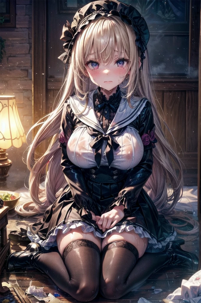 Very detailed顔, Perfect lighting, Extremely detailed CG, (Perfect hands, Perfect Anatomy),Very detailed, The whole body is covered in shiny oil.. A lot of sweat is running down my forehead sunset Orange Room, Full-body depiction on screen, A large amount of rolled up tissue paper, There are lots of crumpled, dirty tissues on the ground, Excessive sweat on the face, cold sweat, Sweat dripping from the forehead, Tears dripping from the edges of the mouth, Sitting on a dirty bed, Gothic Room,Gothic ta, Princess canopy bed, A luxurious room of a medieval European nobleman, Lots of tissue paper , Garbage is scattered everywhere, very dirty bed, A room full of messy garbage, Looking into the camera Embarrassed expression Big breasts that will tear your clothes Very large breasts Extremely distended breasts Huge breast swelling Dimly lit luxurious room Delicate and luxurious Western-style room Scattered tissue paper A cute long-sleeved sailor suit with lots of frills sewn on Thin frilled belly-length skirt high school student Illustration Style Anime Style Narrow-mouthed Small lips Baby Face beautiful girl Very gorgeous and cute outfit Cheeks pink Long blonde hair super curly hair Super long sideburns Rubber clothing Wet and see-through gothic white loliutfit Gorgeous hair band A very long, shocking pink silk skirt that becomes transparent when wet Wet and see-through pearl white silk tights Lots of sailor ribbons Ultra-long silk gloves that become transparent when wet Detailed embroidery Shocking pink that is transparent when wet Big eyes Droopy eyes Shocking Pink Rouge Sweating profusely Crushed tissue paper White long boots Hair is wet from rain Steam coming out of the whole body Steam like a sauna room fills the screen.. White breath from the mouth