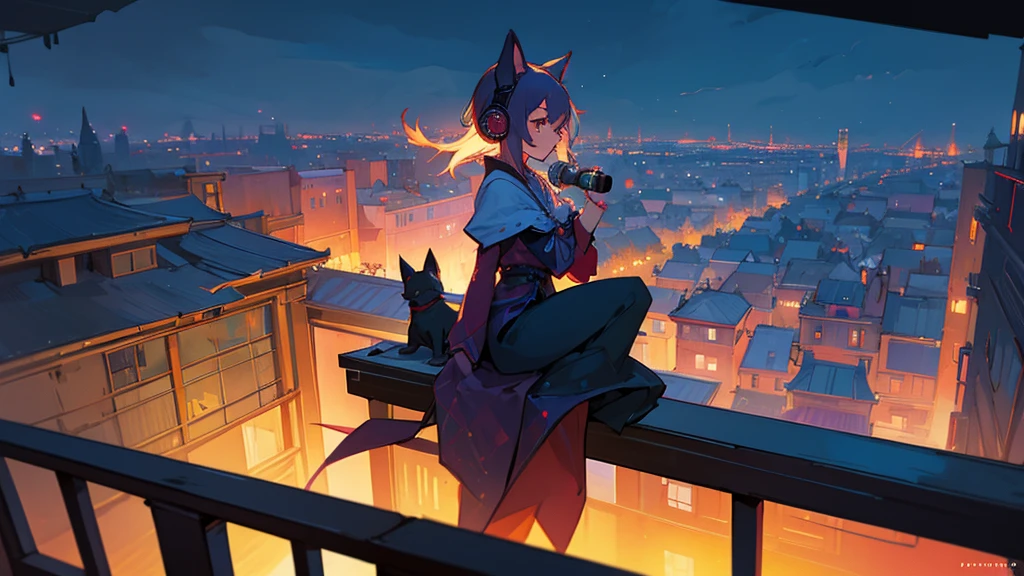 Girl sitting on balcony , Feel the view outside、look  , Focus on the night city  ,2D Game Art Styles ,Chinstill 50, Put headphones on your ears , Sing a song  , at night, Colorful animation skills, A dog is sitting next to a girl