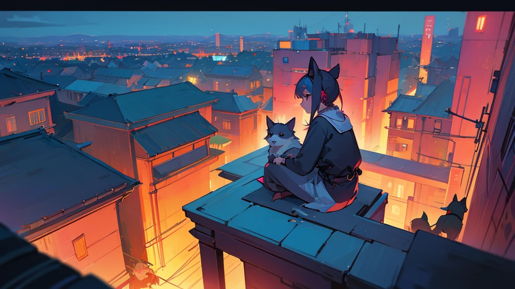 Girl sitting on balcony , Feel the view outside、look  , Focus on the night city  ,2D Game Art Styles ,Chinstill 50, Put headphones on your ears , Sing a song  , at night, Colorful animation skills, A dog is sitting next to a girl